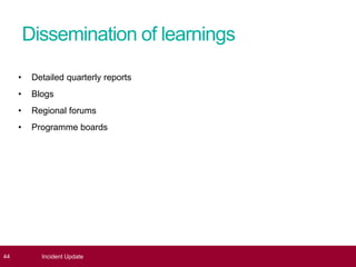 Dissemination of learnings
• Detailed quarterly reports
• Blogs
• Regional forums
• Programme boards
44 Incident Update
 