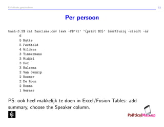 E-Politieke geschiedenis 11
Per persoon
bash-3.2$ cat fascisme.csv |awk -F$’t’ ’{print $2}’ |sort|uniq -c|sort -nr
6
5 Rutte
5 Pechtold
4 Wilders
3 Timmermans
3 Middel
3 Kox
3 Halsema
2 Van Gennip
2 Roemer
2 De Roon
2 Bosma
1 Werner
PS: ook heel makkelijk te doen in Excel/Fusion Tables: add
summary, choose the Speaker column.
 