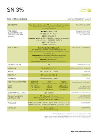 SN 3%                                                                                                                                        Screen
                                                                                                                                         Nature


The technical data                                                                                           Die technischen Daten

COMPOSITION                      Glass fabric with fire-proof PVC-free and halogen-free coating                                 ZUSAMMENSETZUNG
                                        Beschichtetes Glasfasergewebe, nicht brennbar;
                                                       PVC- und Halogenfrei
FIRE, SMOKE                                          M0-M1 (F) - NFP 92 503                                                     BRANDSCHUTZ- UND
CLASSIFICATION AND                                                                                                              RAUCHKLASSE, UND
                                                    BS (GB) - 476 Pt 6 Class 0
OTHER OFFICIAL TEST                                                                                                                 TESTBERICHTE
REPORTS                                                A2 (DE) - DIN 4102-1
                                 Euroclass A2, s1, d0 (EU) - EN 13501-1 mounted according to /
                                           vorbereitet nach - EN 13823 & EN 14716
                                                       F0 (F) - NF F 16-101
                                                      FR, HHV / Brennwert*

HEALTH, SAFETY                                  Oeko-Tex Standard 100 class IV:                                         GESUNDHEIT, SICHERHEIT
                                      No chemicals harmful to health and safety of users
                                 Enthält keine Chemikalien, die ungesund oder gefährlich für den
                                                        Verbraucher sind
                                      Greenguard®: Guarantee of indoor air quality (VOC)
                                          Garantiert die Qualität der Innenluft (VOC)
                                                   Sanitized® - ASTM 2149-01 :
                                     Bacteriostatic treatment / Bakteriostatische Ausrüstung

OPENNESS FACTOR                                                   3%                                                                ÖFFNUNGSFAKTOR

UV SCREEN                                             Up to 95% / Bis zu 95%                                        ZURÜCKHALTEN DER UV-STRAHLUNG

WIDTHS                                              180 - 240 cm / 89 - 127 mm                                                                     BREITEN

WEIGHT/m²                                            170 g ±5% - ISO 2286 - 2                                                                 GEWICHT/m²

THICKNESS                                           0,20 mm ±5% - ISO 2286 - 3                                                                          DICKE

MECHANICAL RESISTANCE        	       BREAKING	                TEAR	             FOLDING                                 MECHANISCHE FESTIGKEIT
                             	     ZUGFESTIGKEIT	     WEITERREISSFESTIGKEIT	 FALTFESTIGKEIT
WARP                         	 > 110 daN/5cm	                 ≥ 1 daN	                    ≥ 20 daN/5cm                                 KETTRICHTUNG
WEFT                         	 > 70 daN/5cm	                  ≥ 1 daN	                    ≥ 20 daN/5cm                               SCHUSSRICHTUNG
                             	    ISO 1421	                  EN 1875-3	                    ISO 1421 **

ELONGATION (Warp and Weft)                               < 5% - ISO 1421                                             ZUGDEHNUNG (Kett- und Schussrichtung)

COLOUR FASTNESS TO                                7/8 - Blue scale / Farbstufe                                                           LICHTECHTHEIT
LIGHT (Scale of 8)                       White not graded / Farbe Weiss nicht bewertet                                               (Blaumassstab bis 8)
                                                SUNTEST 300 H - ISO 105 B02

PACKAGING                    Widths / Breiten 180 - 240 cm : rolls of 50 lm / Rollen von 50 lfm                                             VERPACKUNG
                             Widths / Breiten 89 - 127 mm : rolls of 100 lm / Rollen von 100 lfm

MAKING UP                                                  See user guide                                                                    KONFEKTION
                                                    Siehe Bedienungsanweisung

                                                                             The data in this document is for information only and may not be considered as binding
                                                                                  Die Daten dieses Dokuments sind rein informativ zu verstehen und unverbindlich
                                                          *Reports available on request, please contact Mermet / Testberichte verfügbar: Bitte, Mermet kontaktieren
                                                           ** Internal procedure derived from ISO 1421 standard / Interne Analyse, abgeleitet von ISO 1421 Standard




                                                                                                                      www.sunscreen-mermet.com
 