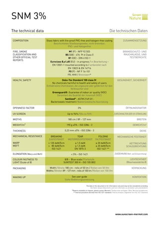 SNM 3%                                                                                                                                        Screen
                                                                                                                                          Nature


The technical data                                                                                            Die technischen Daten

COMPOSITION                      Glass fabric with fire-proof PVC-free and halogen-free coating                                  ZUSAMMENSETZUNG
                                        Beschichtetes Glasfasergewebe, nicht brennbar;
                                                       PVC- und Halogenfrei

FIRE, SMOKE                                            M1 (F) - NFP 92 503                                                       BRANDSCHUTZ- UND
CLASSIFICATION AND                                  BS (GB) - 476 Pt 6 Class 0                                                   RAUCHKLASSE, UND
OTHER OFFICIAL TEST                                   B1 (DE) - DIN 4102-1                                                           TESTBERICHTE
REPORTS
                                     Euroclass B,s1,d0 (EU) - in progress / in Bearbeitung -
                                      EN 13501-1 mounted according to / vorbereitet nach
                                                     EN 13823 & EN 14716
                                                      F0 (F) - NF F 16-101
                                                    FR, HHV / Brennwert*

HEALTH, SAFETY                                  Oeko-Tex Standard 100 class IV:                                          GESUNDHEIT, SICHERHEIT
                                      No chemicals harmful to health and safety of users
                                 Enthält keine Chemikalien, die ungesund oder gefährlich für den
                                                        Verbraucher sind
                                       Greenguard®: Guarantee of indoor air quality (VOC)
                                           Garantiert die Qualität der Innenluft (VOC)
                                                   Sanitized® - ASTM 2149-01 :
                                     Bacteriostatic treatment / Bakteriostatische Ausrüstung

OPENNESS FACTOR                                                    3%                                                                ÖFFNUNGSFAKTOR

UV SCREEN                                             Up to 96% / Bis zu 96%                                         ZURÜCKHALTEN DER UV-STRAHLUNG

WIDTHS                                                180 cm / 89 - 127 mm                                                                          BREITEN

WEIGHT/m²                                            190 g ±5% - ISO 2286 - 2                                                                  GEWICHT/m²

THICKNESS                                           0,23 mm ±5% - ISO 2286 - 3                                                                           DICKE

MECHANICAL RESISTANCE        	       BREAKING	                TEAR	             FOLDING                                  MECHANISCHE FESTIGKEIT
                             	     ZUGFESTIGKEIT	     WEITERREISSFESTIGKEIT	 FALTFESTIGKEIT
WARP                         	     > 120 daN/5cm	             ≥ 1,5 daN	                   ≥ 20 daN/5cm                                 KETTRICHTUNG
WEFT                         	     > 80 daN/5cm	              ≥ 1,5 daN	                   ≥ 20 daN/5cm                               SCHUSSRICHTUNG
                             	        ISO 1421	               EN 1875-3	                    ISO 1421 **

ELONGATION (Warp and Weft)                                < 5% - ISO 1421                                             ZUGDEHNUNG (Kett- und Schussrichtung)

COLOUR FASTNESS TO                                 8/8 - Blue scale / Farbstufe                                                           LICHTECHTHEIT
LIGHT (Scale of 8)                                SUNTEST 300 H - ISO 105 B02                                                         (Blaumassstab bis 8)

PACKAGING                           Width / Breite 180 cm : rolls of 50 lm / Rollen von 50 lfm                                               VERPACKUNG
                                 Widths / Breiten 89 - 127 mm : rolls of 100 lm / Rollen von 100 lfm

MAKING UP                                                  See user guide                                                                     KONFEKTION
                                                    Siehe Bedienungsanweisung

                                                                              The data in this document is for information only and may not be considered as binding
                                                                                   Die Daten dieses Dokuments sind rein informativ zu verstehen und unverbindlich
                                                           *Reports available on request, please contact Mermet / Testberichte verfügbar: Bitte, Mermet kontaktieren
                                                            ** Internal procedure derived from ISO 1421 standard / Interne Analyse, abgeleitet von ISO 1421 Standard




                                                                                                                       www.sunscreen-mermet.com
 