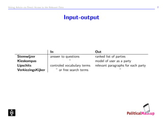 Voting Advice via Direct Access to the Relevant Data                                                     7



                                                       Input-output




                                       In                           Out
        Stemwijzer                     answer to questions          ranked list of parties
        Kieskompas                                   ”              model of user as a party
        Lipschits                      controled vocabulary terms   relevant paragraphs for each party
        VerkiezingsKijker                  ” or free search terms                    ”
 