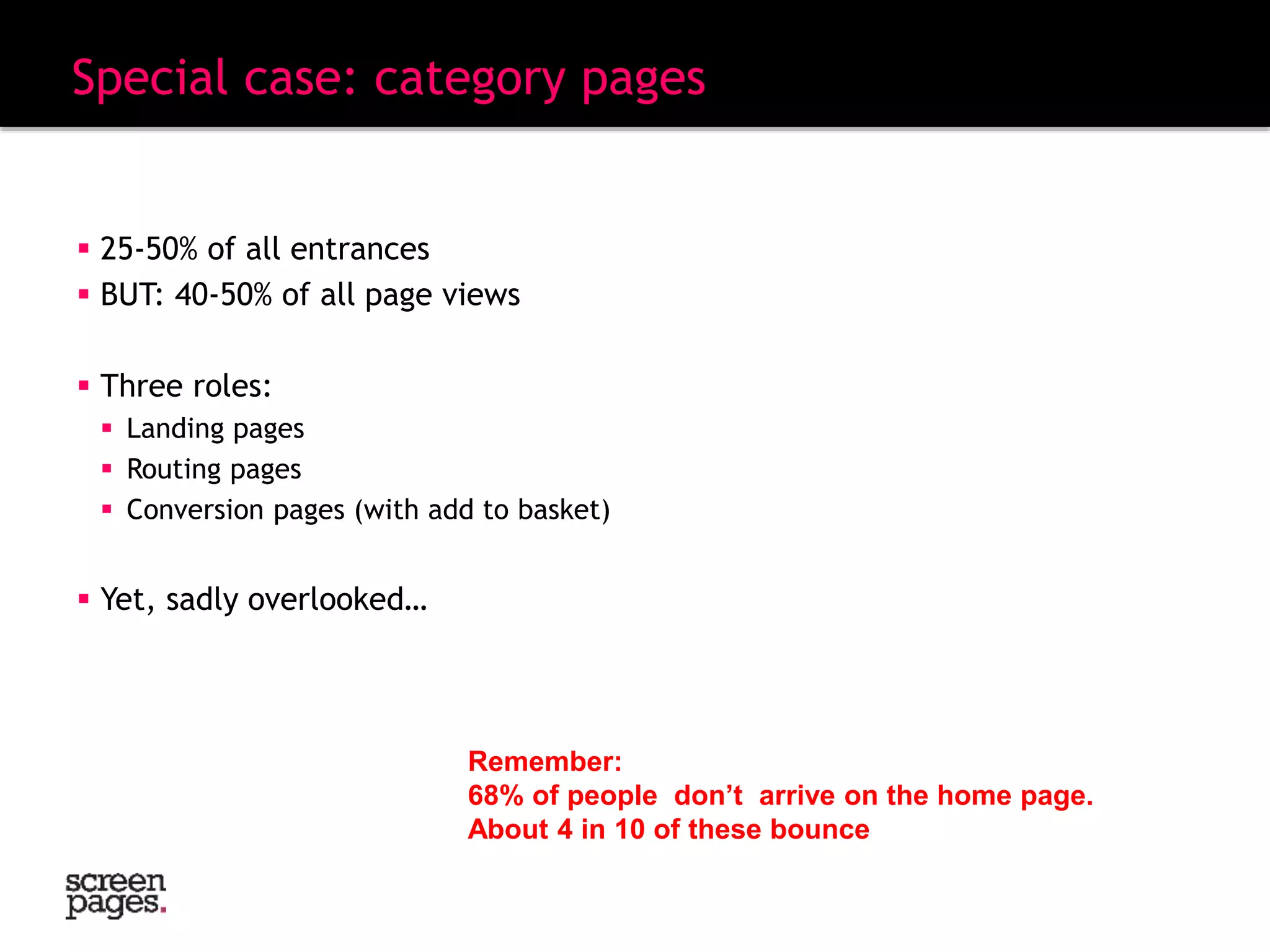 Special case: category pages
 25-50% of all entrances
 BUT: 40-50% of all page views
 Three roles:
 Landing pages
 Routing pages
 Conversion pages (with add to basket)
 Yet, sadly overlooked…
Remember:
68% of people don’t arrive on the home page.
About 4 in 10 of these bounce
 