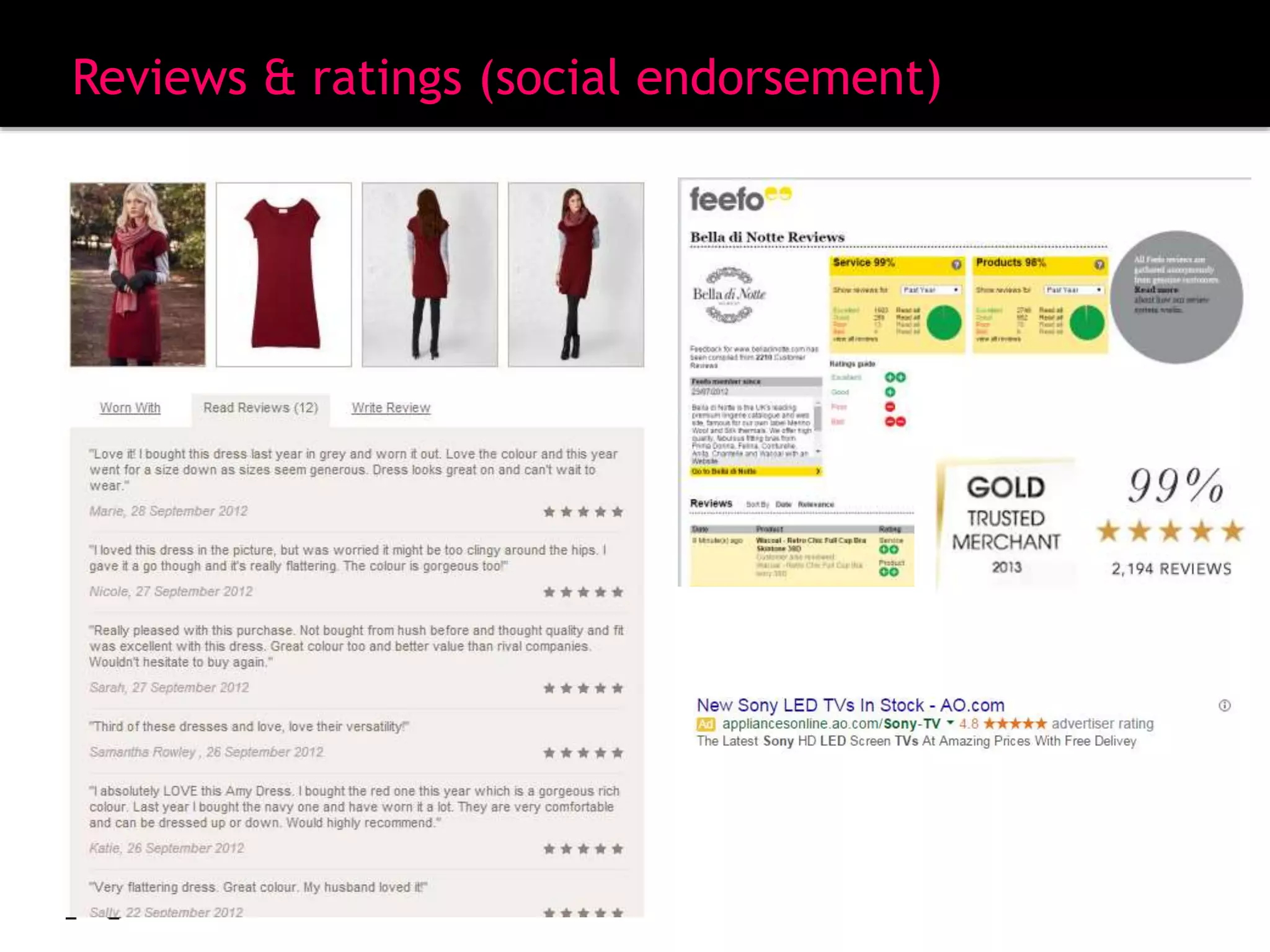 Reviews & ratings (social endorsement)
Onsite or offsite
 