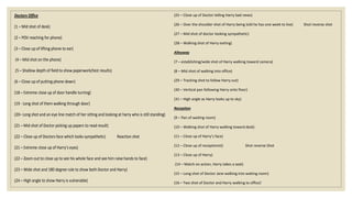Doctors Office 
(1 – Mid shot of desk) 
(2 – POV reaching for phone) 
(3 – Close up of lifting phone to ear) 
(4 – Mid shot on the phone) 
(5 – Shallow depth of field to show paperwork/test results) 
(6 – Close up of putting phone down) 
(18 – Extreme close up of door handle turning) 
(19 - Long shot of them walking through door) 
(20– Long shot and an eye line match of her sitting and looking at harry who is still standing) 
(21 – Mid shot of Doctor picking up papers to read result) 
(22 – Close up of Doctors face which looks sympathetic) Reaction shot 
(21 – Extreme close up of Harry’s eyes) 
(22 – Zoom out to close up to see his whole face and see him raise hands to face) 
(23 – Wide shot and 180 degree rule to show both Doctor and Harry) 
(24 – High angle to show Harry is vulnerable) 
(25 – Close up of Doctor telling Harry bad news) 
(26 – Over the shoulder shot of Harry being told he has one week to live) Shot reverse shot 
(27 – Mid shot of doctor looking sympathetic) 
(28 – Walking shot of Harry exiting) 
Alleyway 
(7 – establishing/wide shot of Harry walking toward camera) 
(8 – Mid shot of walking into office) 
(29 – Tracking shot to follow Harry out) 
(30 – Vertical pan following Harry onto floor) 
(31 – High angle as Harry looks up to sky) 
Reception 
(9 – Pan of waiting room) 
(10 – Walking shot of Harry walking toward desk) 
(11 – Close up of Harry’s face) 
(12 – Close up of receptionist) Shot reverse Shot 
(13 – Close up of Harry) 
(14 – Match on action, Harry takes a seat) 
(15 – Long shot of Doctor Jane walking into waiting room) 
(16 – Two shot of Doctor and Harry walking to office)` 
