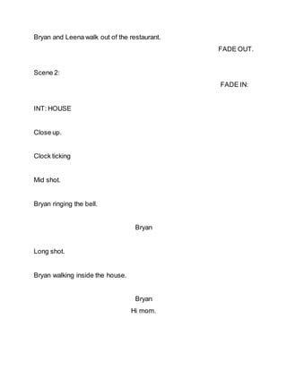 Bryan and Leena walk out of the restaurant.
FADE OUT.
Scene 2:
FADE IN:
INT: HOUSE
Close up.
Clock ticking
Mid shot.
Bryan ringing the bell.
Bryan
Long shot.
Bryan walking inside the house.
Bryan
Hi mom.
 