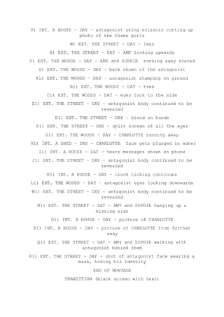 V) INT. A HOUSE – DAY – antagonist using scissors cutting up
photo of the three girls
W) EXT. THE STREET – DAY – legs
X) EXT. THE STREET – DAY – AMY looking upwards
Y) EXT. THE WOODS – DAY – AMY and SOPHIE running away scared
Z) EXT. THE WOODS – DAY – back shown of the antagonist
A1) EXT. THE WOODS – DAY – antagonist stamping on ground
B1) EXT. THE WOODS – DAY – tree
C1) EXT. THE WOODS – DAY – eyes look to the side
D1) EXT. THE STREET – DAY – antagonist body continued to be
revealed
E1) EXT. THE STREET – DAY – blood on hands
F1) EXT. THE STREET – DAY – split screen of all the eyes
G1) EXT. THE WOODS – DAY – CHARLOTTE running away
H1) INT. A SHED – DAY - CHARLOTTE face gets plunged in water
I1) INT. A HOUSE – DAY – texts messages shown on phone
J1) EXT. THE STREET – DAY – antagonist body continued to be
revealed
K1) INT. A HOUSE – DAY – clock ticking continues
L1) EXT. THE WOODS – DAY – antagonist eyes looking downwards
M1) EXT. THE STREET – DAY – antagonist body continued to be
revealed
N1) EXT. THE STREET – DAY – AMY and SOPHIE hanging up a
missing sign
O1) INT. A HOUSE – DAY – picture of CHARLOTTE
P1) INT. A HOUSE – DAY – picture of CHARLOTTE from further
away
Q1) EXT. THE STREET – DAY – AMY and SOPHIE walking with
antagonist behind them
R1) EXT. THE STREET – DAY – shot of antagonist face wearing a
mask, hiding his identity
END OF MONTAGE
TRANSITION (black screen with text)
 