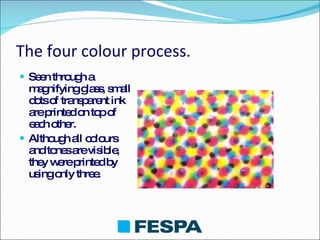 The four colour process . Seen through a magnifying glass, small dots of transparent ink are printed on top of each other. Although all colours and tones are visible, they were printed by using only three. 