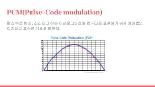 PCM(Pulse-Code modulation)
펄스 부호 변조 : 소리라고 하는 아날로그신호를 컴퓨터로 표현하기 위해 이진법의
디지털로 표현한 기호를 말한다.
 