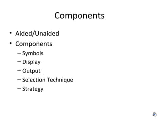 Components Aided/Unaided Components Symbols Display Output Selection Technique Strategy