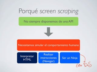 Porqué screen scraping
No siempre disponemos de una API
Necesitamos simular el comportamiento humano
Interpretar
HTML
Realizar
interacciones
(Navegar)
Ser un Ninja
Evitar DoS
 