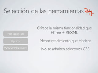 Selección de las herramientas RubyRuby
WWW:Mechanize
rest-open-uri
Hpricot
Ofrece la misma funcionalidad que
HTree + REXML
Menor rendimiento que Hpricot
No se admiten selectores CSS
 