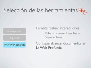 Selección de las herramientas RubyRuby
rest-open-uri
WWW:Mechanize
Hpricot
Permite realizar interacciones
Rellenar y enviar formularios
Seguir enlaces
Consigue alcanzar documentos en
La Web Profunda
 