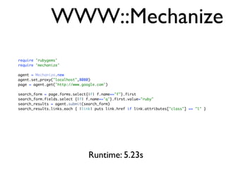 WWW::Mechanize
Runtime: 5.23s
require 'rubygems'
require 'mechanize'
agent = Mechanize.new
agent.set_proxy("localhost",8080)
page = agent.get('http://www.google.com')
search_form = page.forms.select{|f| f.name=="f"}.first
search_form.fields.select {|f| f.name=='q'}.first.value="ruby"
search_results = agent.submit(search_form)
search_results.links.each { |link| puts link.href if link.attributes["class"] == "l" }
 