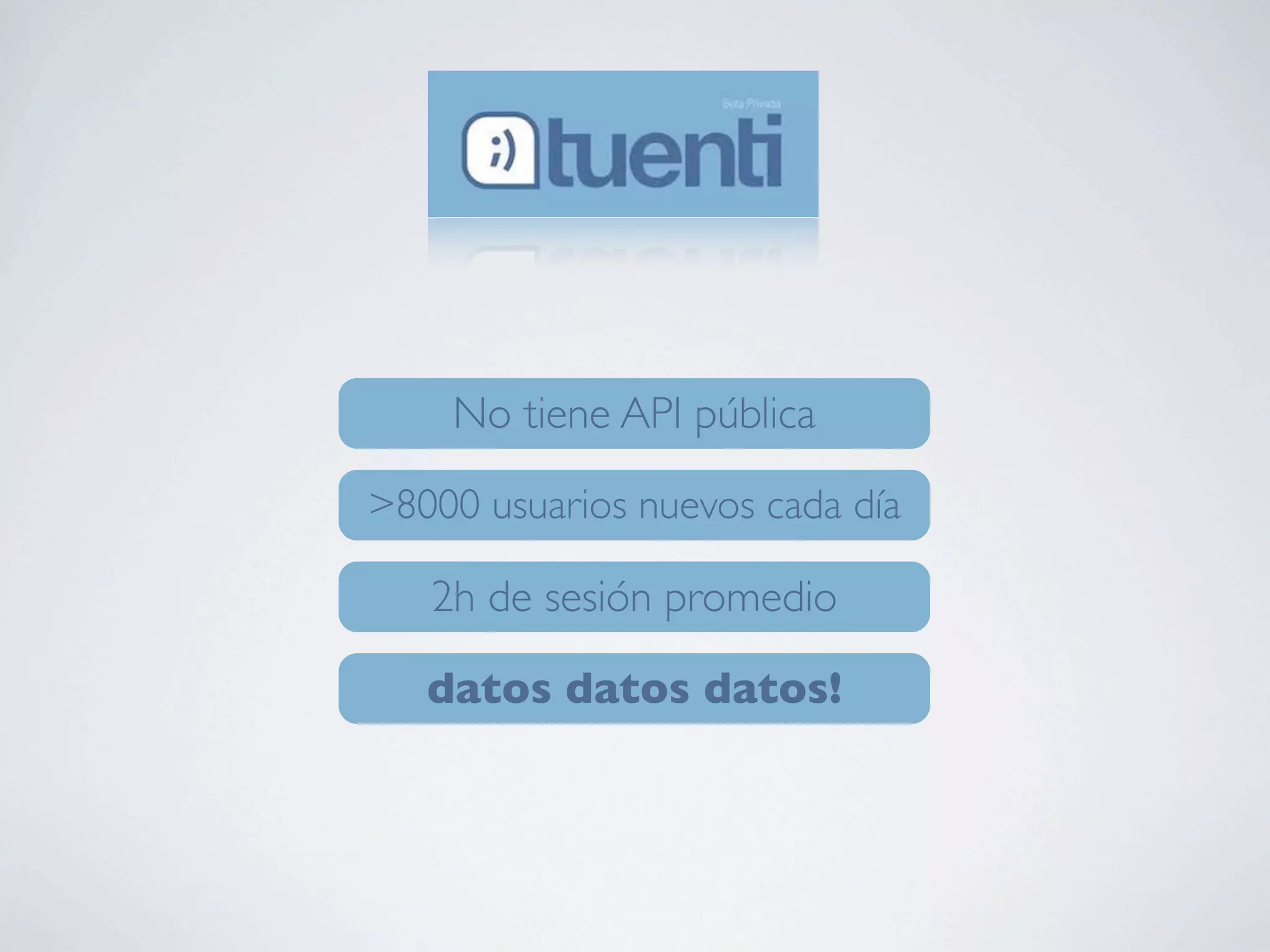 No tiene API pública

>8000 usuarios nuevos cada día

   2h de sesión promedio

   datos datos datos!
 