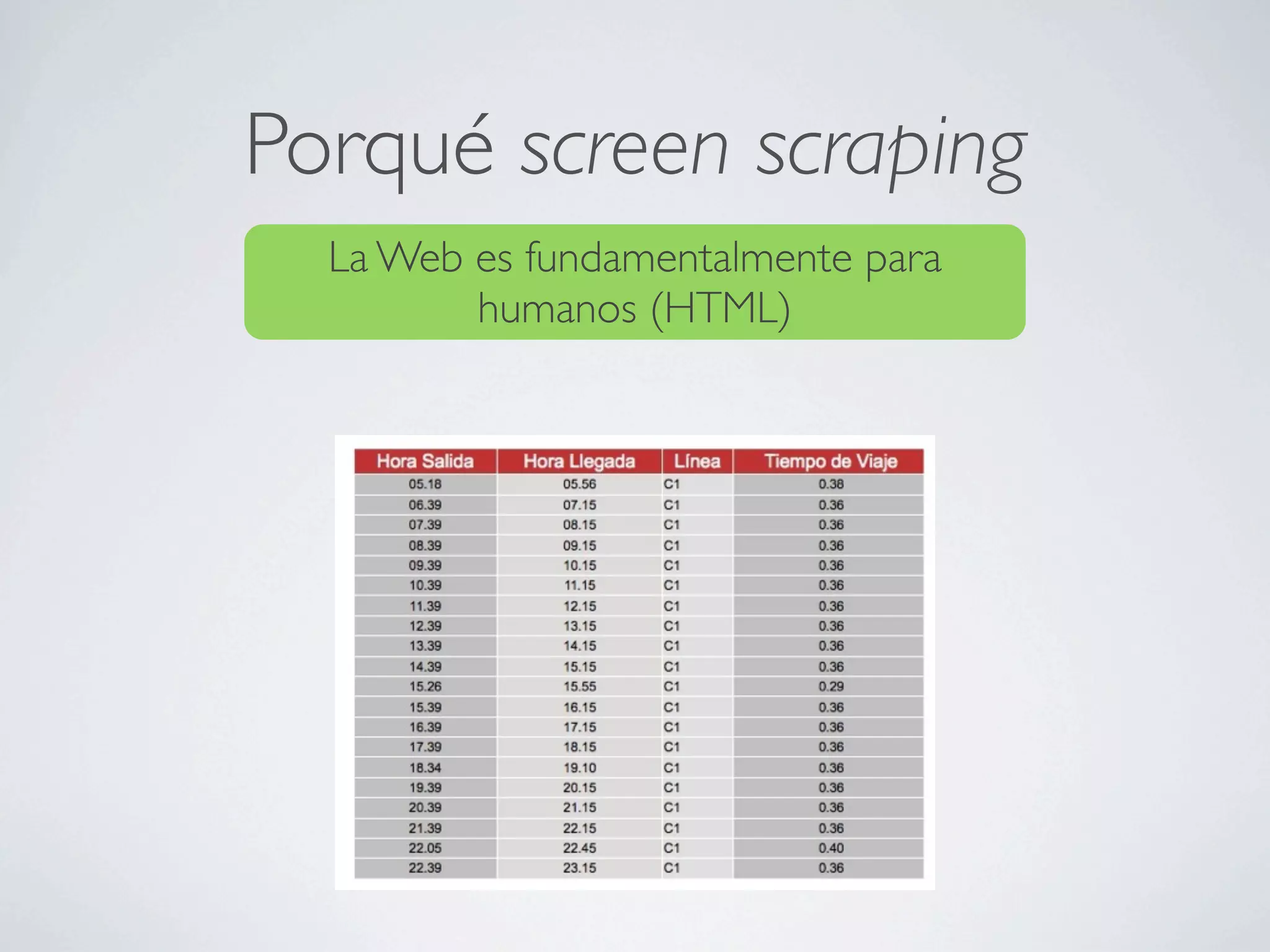 Porqué screen scraping
  La Web es fundamentalmente para
         humanos (HTML)
 