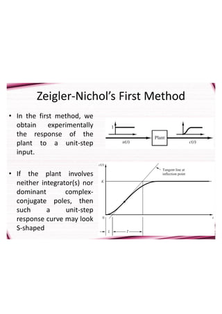 Zeigler-Nichol’s First Method
• In the first method, we
obtain experimentally
the response of the
plant to a unit-step
input.
• If the plant involves
neither integrator(s) nor
dominant complex-
conjugate poles, then
such a unit-step
response curve may look
S-shaped
 