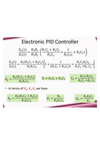 Electronic PID Controller
𝐸𝑜(𝑠)
𝐸𝑖(𝑠)
=
𝑅4𝑅2
𝑅3𝑅1
𝑅1𝐶1 + 𝑅2𝐶2
𝑅2𝐶2
+
1
𝑅2𝐶2𝑠
+ 𝑅1𝐶1𝑠
𝐸𝑜(𝑠)
𝐸𝑖(𝑠)
=
𝑅4 𝑅1𝐶1 + 𝑅2𝐶2
𝑅3𝑅1𝐶2
1 +
1
𝑅1𝐶1 + 𝑅2𝐶2 𝑠
+
𝑅1𝐶1𝑅2𝐶2
𝑅1𝐶1 +𝑅2 𝐶2
𝑠
𝐾𝑝 =
𝑅4 𝑅1𝐶1 + 𝑅2𝐶2
𝑅3𝑅1𝐶2
𝑇𝑖 = 𝑅1𝐶1 + 𝑅2𝐶2 𝑇𝑑 =
𝑅1𝐶1𝑅2𝐶2
𝑅1𝐶1 +𝑅2 𝐶2
• In terms of Kp, Ki, Kd we have
𝐾𝑝 =
𝑅4 𝑅1𝐶1 + 𝑅2𝐶2
𝑅3𝑅1𝐶2
𝐾𝑖 =
𝑅4
𝑅3𝑅1𝐶2
𝐾𝑑 =
𝑅4𝑅2𝐶1
𝑅3
 