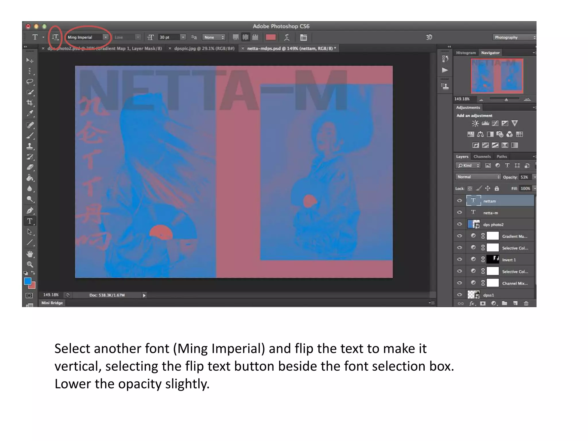 Select another font (Ming Imperial) and flip the text to make it
vertical, selecting the flip text button beside the font selection box.
Lower the opacity slightly.
 