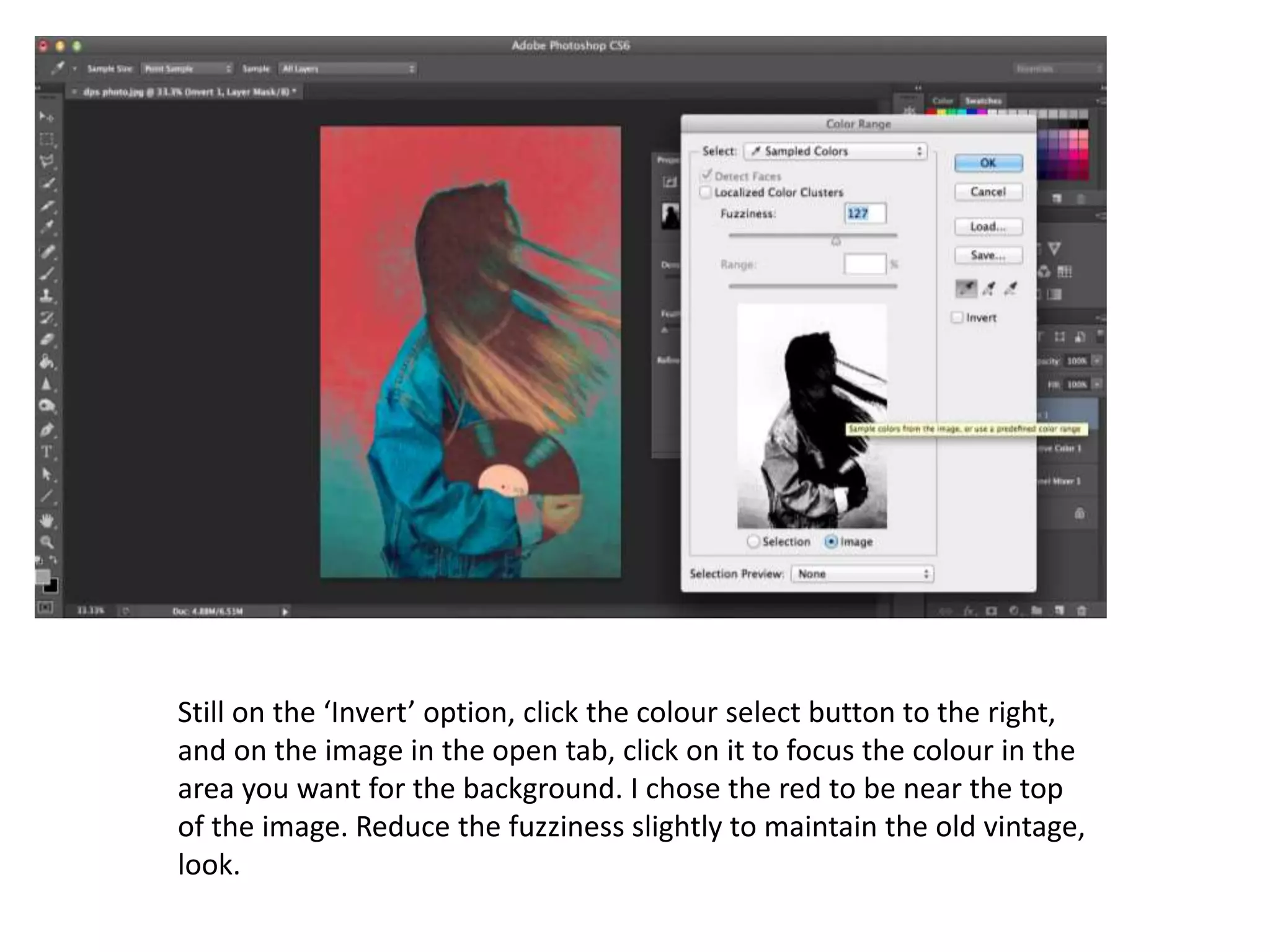 Still on the ‘Invert’ option, click the colour select button to the right,
and on the image in the open tab, click on it to focus the colour in the
area you want for the background. I chose the red to be near the top
of the image. Reduce the fuzziness slightly to maintain the old vintage,
look.
 