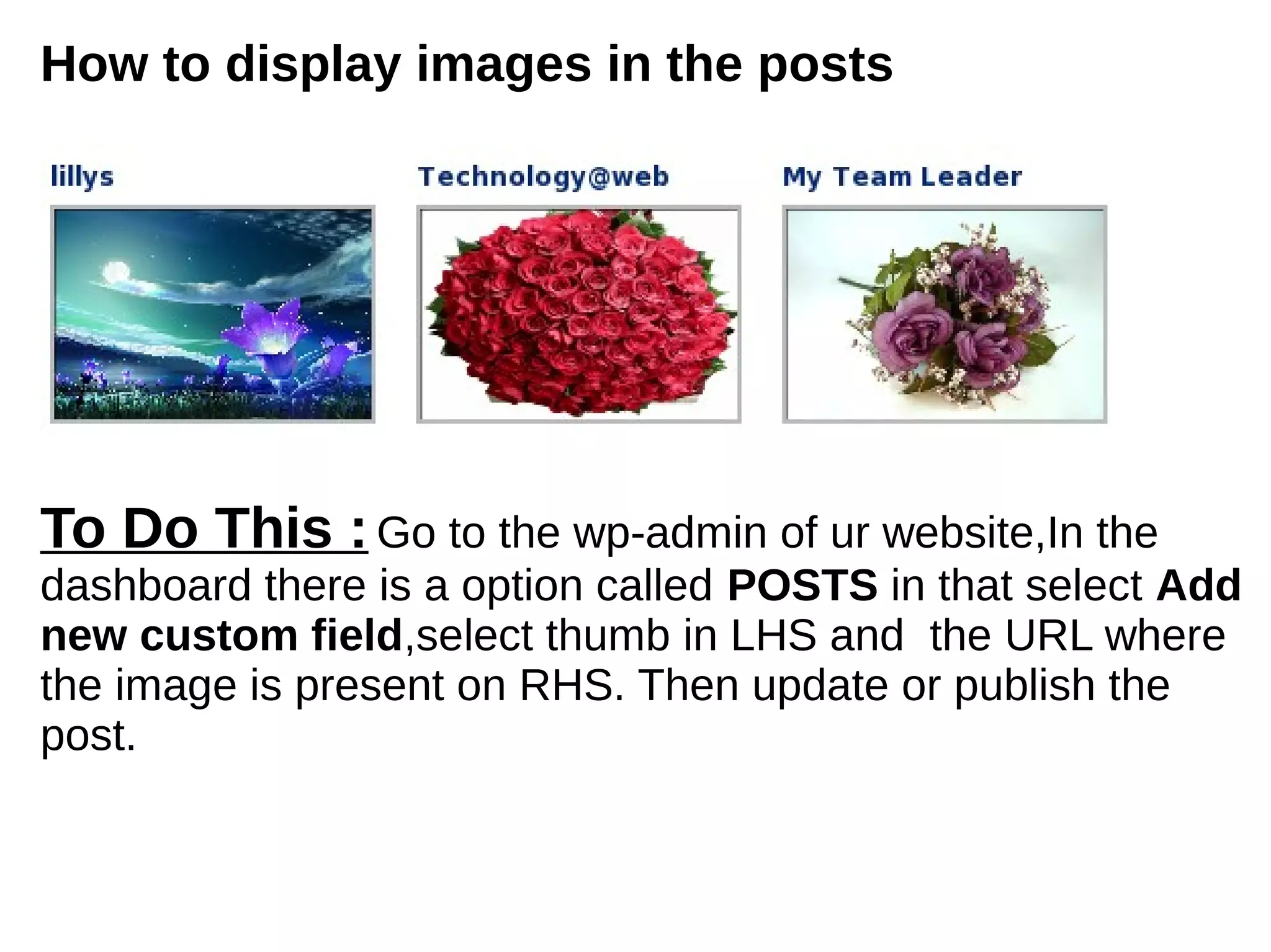 How to display images in the posts
To Do This :Go to the wp-admin of ur website,In the
dashboard there is a option called POSTS in that select Add
new custom field,select thumb in LHS and the URL where
the image is present on RHS. Then update or publish the
post.
 