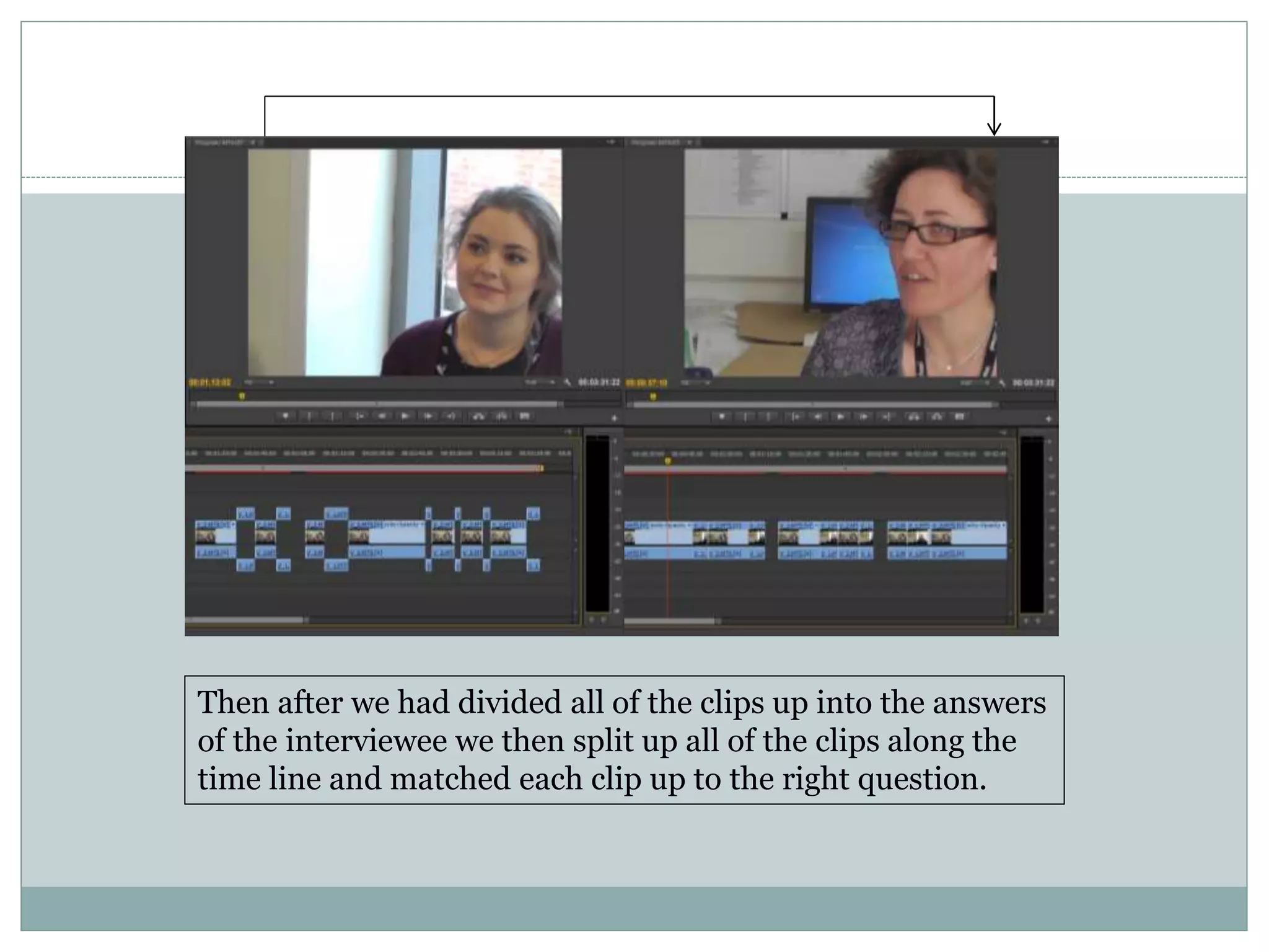 Then after we had divided all of the clips up into the answers
of the interviewee we then split up all of the clips along the
time line and matched each clip up to the right question.