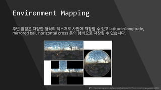 Environment Mapping
주변 환경은 다양한 형식의 텍스처로 사전에 저장할 수 있고 latitude/longitude,
mirrored ball, horizontal cross 등의 형식으로 저장될 수 있습니다.
출처 : http://spiralgraphics.biz/genetica/help/index.htm?environment_maps_explained.htm
 