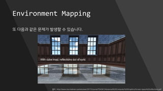 Environment Mapping
또 다음과 같은 문제가 발생할 수 있습니다.
출처 : http://www.cse.chalmers.se/edu/year/2017/course/TDA361/Advanced%20Computer%20Graphics/Screen-space%20reflections.pdf
 