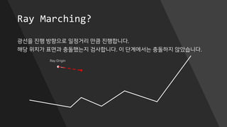 Ray Marching?
광선을 진행 방향으로 일정거리 만큼 진행합니다.
해당 위치가 표면과 충돌했는지 검사합니다. 이 단계에서는 충돌하지 않았습니다.
Ray Origin
 