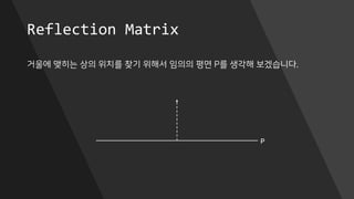 Reflection Matrix
거울에 맺히는 상의 위치를 찾기 위해서 임의의 평면 P를 생각해 보겠습니다.
P
 