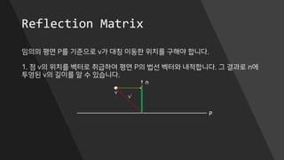 Reflection Matrix
임의의 평면 P를 기준으로 v가 대칭 이동한 위치를 구해야 합니다.
1. 점 v의 위치를 벡터로 취급하여 평면 P의 법선 벡터와 내적합니다. 그 결과로 n에
투영된 v의 길이를 알 수 있습니다.
P
n
v
v’
 