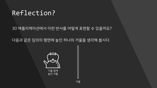 Reflection?
3D 애플리케이션에서 이런 반사를 어떻게 표현할 수 있을까요?
다음과 같은 임의의 평면에 놓인 하나의 거울을 생각해 봅시다.
거울
거울 앞에
놓인 사물
 