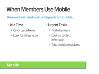 When Members Use Mobile
There are 2 main situations in which people turn to mobile...

  Idle Time                          Urgent Tasks
   ‣ Catch up on News                 ‣ Find a business
   ‣ Look for things to do            ‣ Look up contact
                                        information
                                      ‣ Take and share pictures




Mobile
 