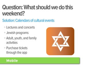 Question: What should we do this
weekend?
Solution: Calendars of cultural events
  Lectures and concerts
  Jewish programs
  Adult, youth, and family
  activities
  Purchase tickets
  through the app

  Mobile
 