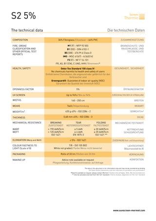 S2 5%                                                                                                                               Thermic
                                                                                                                                            Screen




The technical data                                                                                          Die technischen Daten

COMPOSITION                                  36% Fibreglass / Glasfaser - 64% PVC                                              ZUSAMMENSETZUNG

FIRE, SMOKE                                           M1 (F) - NFP 92 503                                                      BRANDSCHUTZ- UND
CLASSIFICATION AND                                    B1 (DE) - DIN 4102-1                                                     RAUCHKLASSE, UND
OTHER OFFICIAL TEST                                                                                                                TESTBERICHTE
                                                    BS (GB) - 476 Pt 6 Class 0
REPORTS
                                                 IMO - MSC 61(67) - A.563(14)
                                                      F3 (F) - NF F 16-101
                                          FR, AS, B1 (CN), C UNO, HHV / Brennwert*

HEALTH, SAFETY                                  Oeko-Tex Standard 100 class IV:                                        GESUNDHEIT, SICHERHEIT
                                      No chemicals harmful to health and safety of users
                                 Enthält keine Chemikalien, die ungesund oder gefährlich für den
                                                        Verbraucher sind
                                      Greenguard®: Guarantee of indoor air quality (VOC)
                                          Garantiert die Qualität der Innenluft (VOC)

OPENNESS FACTOR                                                  5%                                                                ÖFFNUNGSFAKTOR

UV SCREEN                                            Up to 94% / Bis zu 94%                                        ZURÜCKHALTEN DER UV-STRAHLUNG

WIDTHS                                                    160 - 250 cm                                                                            BREITEN

WEAVE                                                 Twill / Köperbindung                                                                         WEBART

WEIGHT/m²                                           420 g ±5% - ISO 2286 - 2                                                                 GEWICHT/m²

THICKNESS                                         0,68 mm ±5% - ISO 2286 - 3                                                                           DICKE

MECHANICAL RESISTANCE        	       BREAKING	               TEAR	                          FOLDING                    MECHANISCHE FESTIGKEIT
                             	     ZUGFESTIGKEIT	    WEITERREISSFESTIGKEIT	              FALTFESTIGKEIT
WARP                         	     > 190 daN/5cm	            ≥ 5 daN	                    ≥ 20 daN/5cm                                 KETTRICHTUNG
WEFT                         	     > 120 daN/5cm	            ≥ 4 daN	                    ≥ 20 daN/5cm                               SCHUSSRICHTUNG
                             	        ISO 1421	             EN 1875-3	                    ISO 1421 **

ELONGATION (Warp and Weft)                               < 5% - ISO 1421                                            ZUGDEHNUNG (Kett- und Schussrichtung)

COLOUR FASTNESS TO                                     7/8 - ISO 105 B02                                                                LICHTECHTHEIT
LIGHT (Scale of 8)                       White not graded / Farbe Weiss nicht bewertet                                              (Blaumassstab bis 8)

PACKAGING                                      Rolls of 33 lm / Rollen von 33 lfm                                                          VERPACKUNG

MAKING UP                                       Advice note available on request                                                            KONFEKTION
                                       Pflegeanleitung, Konfektionshinweise: auf Anfrage

                                                                            The data in this document is for information only and may not be considered as binding
                                                                                 Die Daten dieses Dokuments sind rein informativ zu verstehen und unverbindlich
                                                         *Reports available on request, please contact Mermet / Testberichte verfügbar: Bitte, Mermet kontaktieren
                                                          ** Internal procedure derived from ISO 1421 standard / Interne Analyse, abgeleitet von ISO 1421 Standard




                                                                                                                     www.sunscreen-mermet.com
 