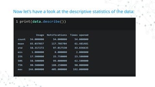 Now let’s have a look at the descriptive statistics of the data:
 