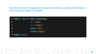 Now let’s start with analyzing the screen time of the user. We will first look at
the amount of usage of the apps:
14
 