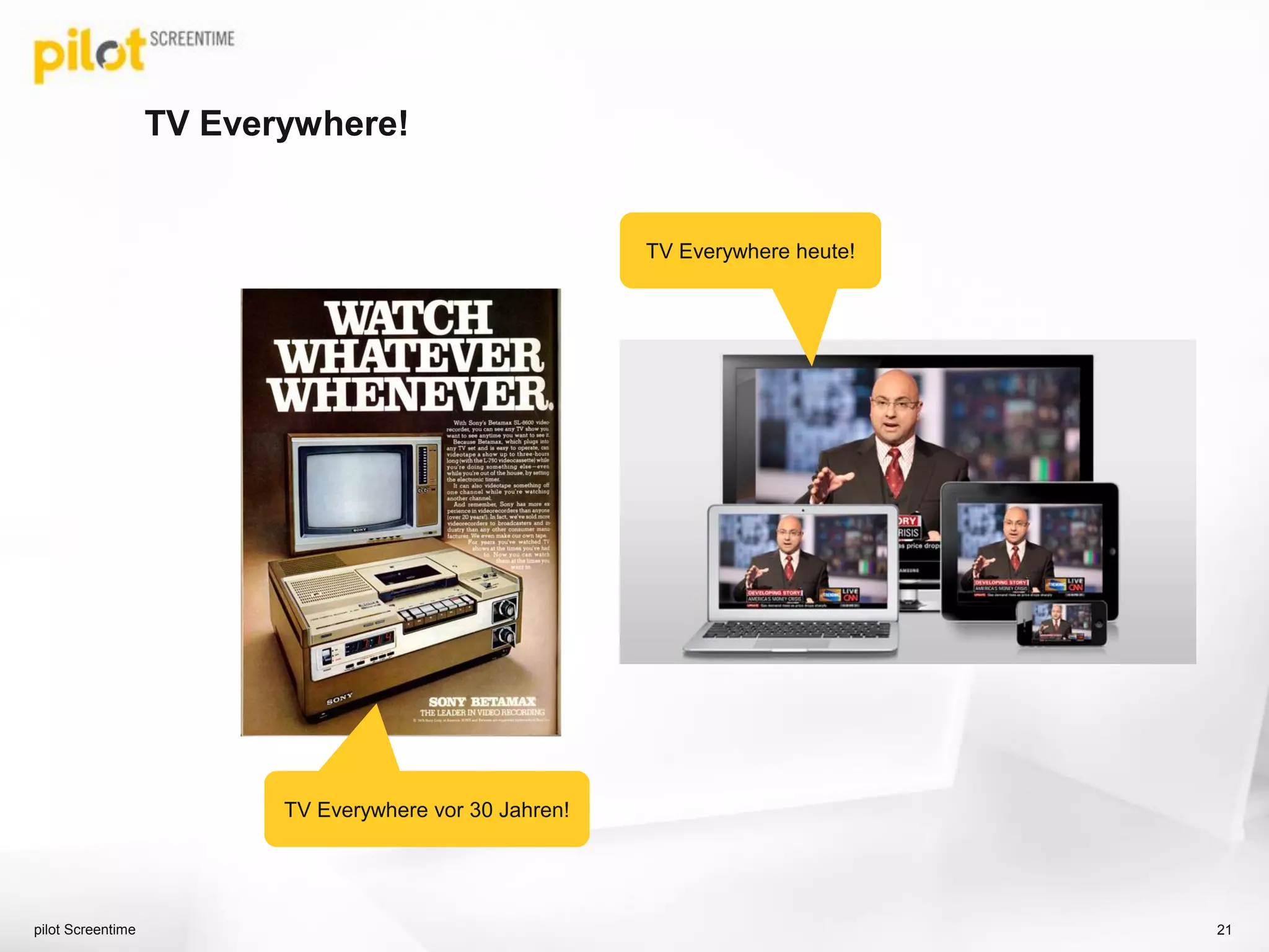 TV Everywhere!
pilot Screentime 21
TV Everywhere vor 30 Jahren!
TV Everywhere heute!
 