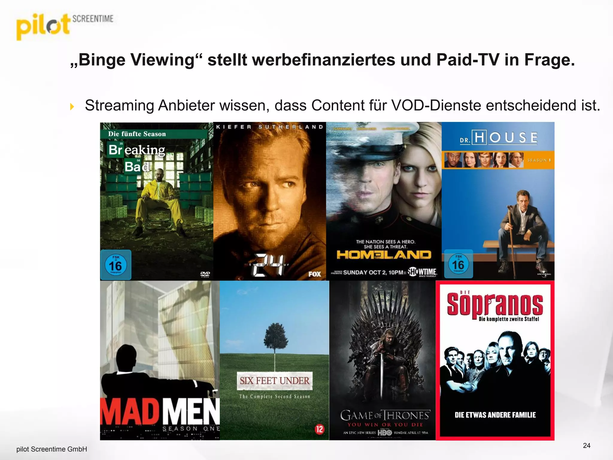  Streaming Anbieter wissen, dass Content für VOD-Dienste entscheidend ist.
„Binge Viewing“ stellt werbefinanziertes und Paid-TV in Frage.
pilot Screentime GmbH
24
 
