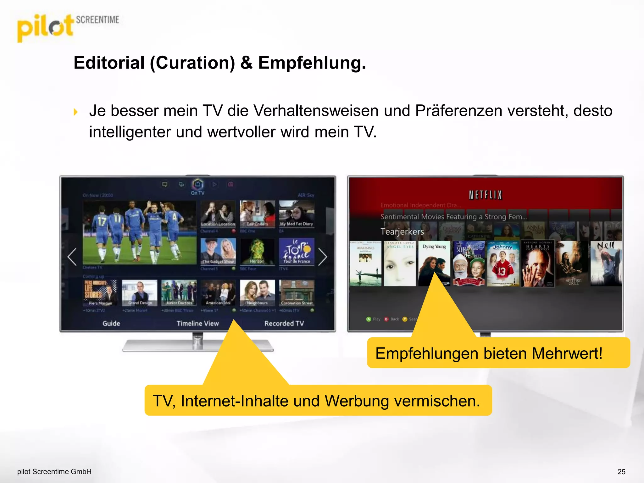 Editorial (Curation) & Empfehlung.
pilot Screentime GmbH 25
TV, Internet-Inhalte und Werbung vermischen.
 Je besser mein TV die Verhaltensweisen und Präferenzen versteht, desto
intelligenter und wertvoller wird mein TV.
Empfehlungen bieten Mehrwert!
 