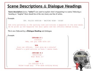 Scene Descriptions  &  Dialogue Headings Scene descriptions  (a.k.a.  “action” ) are used to explain what is happening in a scene. Following a  heading or “slugline” there should be at the very least, one line of action.  Example:    INT. POLICE STATION – WAITING ROOM – NIGHT Bob sits patiently in the waiting room and notices a magazine on the end table.  As he picks up the magazine the door opens and two officers emerge slowly. This is now followed by a  Dialogue Heading  and dialogue. Example:   OFFICER # 1   (calmly)   Bob, can you come with us?   BOB Sure can officer.  Just give me a minute?  There’s a good article in here I wanna read.   OFFICER # 2   (shouting)   Now! Move it!   BOB   (to Officer # 2)   Relax tough guy.  I’ve done nothing wrong 