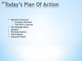 Narrative Structure Freytag’s Pyramid The Hero’s Journey The Message/Moral Synopsis The Step Outline The Proposal Character Briefs 