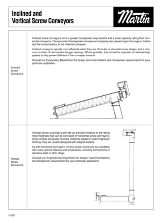 Inclined and
  Vertical Screw Conveyors

             Inclined screw conveyors have a greater horsepower requirement and a lower capacity rating than hori-
             zontal conveyors. The amounts of horsepower increase and capacity loss depend upon the angle of incline
             and the characteristics of the material conveyed.
             Inclined conveyors operate most efﬁciently when they are of tubular or shrouded cover design, and a mini-
             mum number of intermediate hanger bearings. Where possible, they should be operated at relatively high
             speeds to help prevent fallback of the conveyed material.
             Consult our Engineering Department for design recommendations and horsepower requirements for your
             particular application.
 Inclined
 Screw
 Conveyors




             Vertical screw conveyors provide an efficient method of elevating
             most materials that can be conveyed in horizontal screw conveyors.
             Since vertical conveyors must be uniformly loaded in order to prevent
             choking, they are usually designed with integral feeders.
             As with horizontal conveyors, vertical screw conveyors are available
             with many special features and accessories, including components of
             stainless steel or other alloys.

 Vertical    Consult our Engineering Department for design recommendations
 Screw       and horsepower requirements for your particular application.
 Conveyors




H-30
 