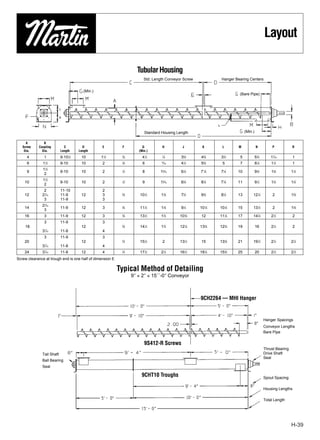 Layout

                                                                    Tubular Housing
                                                                        Std. Length Conveyor Screw             Hanger Bearing Centers


                                        (Min.)
                                                                                                                        (Bare Pipe)




                                                                        Standard Housing Length                             (Min.)

     A         B
   Screw    Coupling         C         D          E         F          G          H          J        K        L       M             N           P           R
    Dia.      Dia.         Length    Length                          (Min.)
     4          1          9-101⁄2    10         11⁄2       3
                                                             ⁄8        41⁄2       ⁄8
                                                                                  7
                                                                                           35⁄8      45⁄8     33⁄4      5            53⁄4       17⁄16         1
     6         1 ⁄2
                1
                           9-10       10          2         3
                                                             ⁄8        6          ⁄16
                                                                                 13
                                                                                           4 ⁄2
                                                                                             1
                                                                                                     5 ⁄8
                                                                                                       5
                                                                                                               5        7            8 ⁄8
                                                                                                                                      1
                                                                                                                                                11⁄2          1
               11⁄2
     9                     9-10       10          2         1
                                                             ⁄2        8        15⁄16      61⁄8      7 7⁄8    71⁄8     10            93⁄8       15⁄8         11⁄2
                2
               11⁄2
    10                     9-10       10          2         1
                                                             ⁄2        9        19⁄16      63⁄8      87⁄8     7 7⁄8    11            91⁄2       13⁄4         13⁄4
                2
               2           11-10                  2
    12        27⁄16        11-9       12          3         5
                                                             ⁄8       101⁄2      13⁄8      73⁄4      95⁄8     87⁄8     13        121⁄4           2           15⁄8
               3           11-9                   3
              27⁄16
    14                     11-9       12          3         5
                                                             ⁄8       111⁄2      13⁄8      91⁄4      10 7⁄8   101⁄8    15        131⁄2           2           15⁄8
               3
    16          3          11-9       12          3         5
                                                             ⁄8       131⁄2      13⁄4      10 5⁄8     12      111⁄8    17        147⁄8          21⁄2          2
                3          11-9                   3
    18                                12                    5
                                                             ⁄8       141⁄2      13⁄4      121⁄8     133⁄8    123⁄8    19            16         21⁄2          2
              37⁄16        11-8                   4
                3          11-9                   3
    20                                12                    3
                                                             ⁄4       151⁄2       2        131⁄2      15      133⁄8    21        191⁄4          21⁄2         21⁄4
              3 ⁄16
                7
                           11-8                   4
    24        37⁄16        11-8       12          4         3
                                                             ⁄4       171⁄2      21⁄4      161⁄2     181⁄8    153⁄8    25            20         21⁄2         21⁄2
Screw clearance at trough end is one half of dimension E

                                                           Typical Method of Detailing
                                                                  9″ × 2″ × 15´´-0″ Conveyor



                                                                                                     9CH2264 — MHI Hanger


                                                                                                                                            Hanger Spacings
                                                                                                                                            Conveyor Lengths
                                                                                                                                            Bare Pipe

                                                                        9S412-R Screws
                                                                                                                                            Thrust Bearing
              Tail Shaft                                                                                                                    Drive Shaft
                                                                                                                                            Seal
              Ball Bearing
              Seal

                                                                       9CHT10 Troughs                                                       Spout Spacing

                                                                                                                                            Housing Lengths

                                                                                                                                            Total Length




                                                                                                                                                             H-39
 