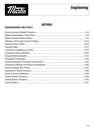 Engineering



                                                             SECTION I
ENGINEERING SECTION I

Screw Conveyor Design Procedure ........................................................................................... H-3
Material Classiﬁcation Code Chart............................................................................................. H-4
Material Characteristics Tables .................................................................................................. H-5
Selection of Conveyor Size and Speed.................................................................................... H-16
Capacity Factor Tables ............................................................................................................ H-16
Capacity Table ......................................................................................................................... H-17
Lump Size Limitations and Table ............................................................................................. H-18
Component Group Selection.................................................................................................... H-20
Hanger Bearing Selection ........................................................................................................ H-21
Horsepower Calculation........................................................................................................... H-22
Torsional Ratings of Conveyor Components............................................................................ H-25
Horsepower Ratings of Conveyor Components....................................................................... H-26
Screw Conveyor End Thrust .................................................................................................... H-27
Expansion of Screw Conveyor ................................................................................................. H-28
Screw Conveyor Deﬂection...................................................................................................... H-29
Inclined Screw Conveyors ....................................................................................................... H-30
Vertical Screw Conveyors ........................................................................................................ H-30
Screw Feeders......................................................................................................................... H-31




                                                                                                                                         H-g
 