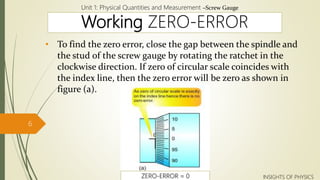 Working ZERO-ERROR
• To find the zero error, close the gap between the spindle and
the stud of the screw gauge by rotating the ratchet in the
clockwise direction. If zero of circular scale coincides with
the index line, then the zero error will be zero as shown in
figure (a).
Unit 1: Physical Quantities and Measurement –Screw Gauge
6
INSIGHTS OF PHYSICSZERO-ERROR = 0
 
