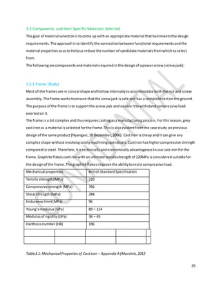 29
3.3 Components and their Specific Materials Selected
The goal of material selectionistocome up withan appropriate material thatbestmeetsthe design
requirements.The approachistoidentifythe connectionbetweenfunctional requirementsandthe
material propertiessoasto helpus reduce the numberof candidate materialsfromwhichtoselect
from.
The followingare componentsandmaterialsrequiredinthe designof apowerscrew (screw jack):
3.3.1 Frame (Body)
Most of the framesare in conical shape andhollow internallytoaccommodate boththe nutand screw
assembly.The frame workstoensure thatthe screw jack issafe and has a complete restonthe ground.
The purpose of the frame isto supportthe screw jack and enable ittowithstandcompressive load
exertedonit.
The frame is a bit complex andthusrequirescastingasa manufacturingprocess.Forthisreason,grey
cast ironas a material isselectedforthe frame.Thisisalsoevidentfromthe case study onprevious
designof the same product(Nyangasi,18 December,2006). Cast ironischeap andit can give any
complex shape withoutinvolvingcostlymachiningoperations.Castironhashighercompressive strength
comparedto steel.Therefore,itistechnicallyandeconomicallyadvantageoustouse castiron forthe
frame.Graphite flakescastironwithan ultimate tensilestrengthof 220MPa is consideredsuitablefor
the designof the frame.The graphite flakesimprovethe abilitytoresistcompressive load.
Mechanical properties BritishStandardSpecification
Tensile strength(MPa) 220
Compressive strength(MPa) 766
Shearstrength(MPa) 284
Endurance limit(MPa) 96
Young’smodulus(GPa) 89 – 114
Modulusof rigidity(GPa) 36 – 45
Hardnessnumber(HB) 196
Table3.1: MechanicalPropertiesof Castiron – Appendix A (Marshek,2012
 