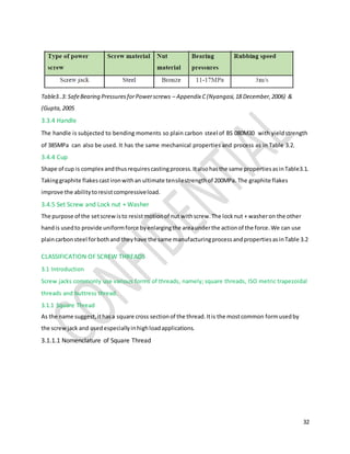 32
Table3..3: SafeBearing PressuresforPowerscrews – Appendix C(Nyangasi,18 December,2006) &
(Gupta,2005
3.3.4 Handle
The handle is subjected to bending moments so plain carbon steel of BS 080M30 with yieldstrength
of 385MPa can also be used. It has the same mechanical properties and process as in Table 3.2.
3.4.4 Cup
Shape of cup is complex andthusrequirescastingprocess.Italsohasthe same propertiesasinTable3.1.
Takinggraphite flakescastironwithan ultimate tensilestrengthof 200MPa. The graphite flakes
improve the abilitytoresistcompressiveload.
3.4.5 Set Screw and Lock nut + Washer
The purpose of the setscrewisto resistmotionof nut withscrew.The locknut + washeron the other
handis usedto provide uniformforce byenlargingthe areaunderthe actionof the force.We can use
plaincarbonsteel forbothand theyhave the same manufacturingprocessandpropertiesasinTable 3.2
CLASSIFICATION OF SCREW THREADS
3.1 Introduction
Screw jacks commonly use various forms of threads, namely; square threads, ISO metric trapezoidal
threads and buttress thread.
3.1.1 Square Thread
As the name suggest,ithasa square cross sectionof the thread.Itis the mostcommon formusedby
the screwjack and usedespeciallyinhighloadapplications.
3.1.1.1 Nomenclature of Square Thread
 