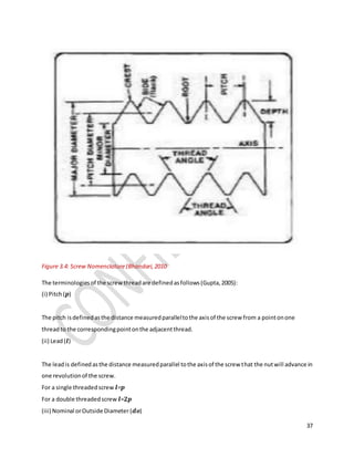 37
Figure 3.4: Screw Nomenclature(Bhandari,2010
The terminologiesof the screwthreadare definedasfollows(Gupta,2005):
(i) Pitch(𝒑)
The pitch isdefinedasthe distance measuredparalleltothe axisof the screw from a pointonone
threadto the correspondingpointonthe adjacentthread.
(ii) Lead(𝒍)
The leadis definedasthe distance measuredparallel tothe axisof the screw that the nutwill advance in
one revolutionof the screw.
For a single threadedscrew 𝒍=𝒑
For a double threadedscrew 𝒍=𝟐𝒑
(iii) Nominal orOutside Diameter (𝒅𝒐)
 