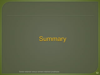 Screw retained versus cement retained prosthesis
52
 