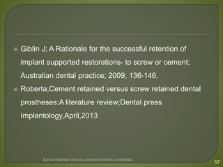  Giblin J; A Rationale for the successful retention of
implant supported restorations- to screw or cement;
Australian dental practice; 2009; 136-146.
 Roberta,Cement retained versus screw retained dental
prostheses:A literature review;Dental press
Implantology,April,2013
57
Screw retained versus cement retained prosthesis
 